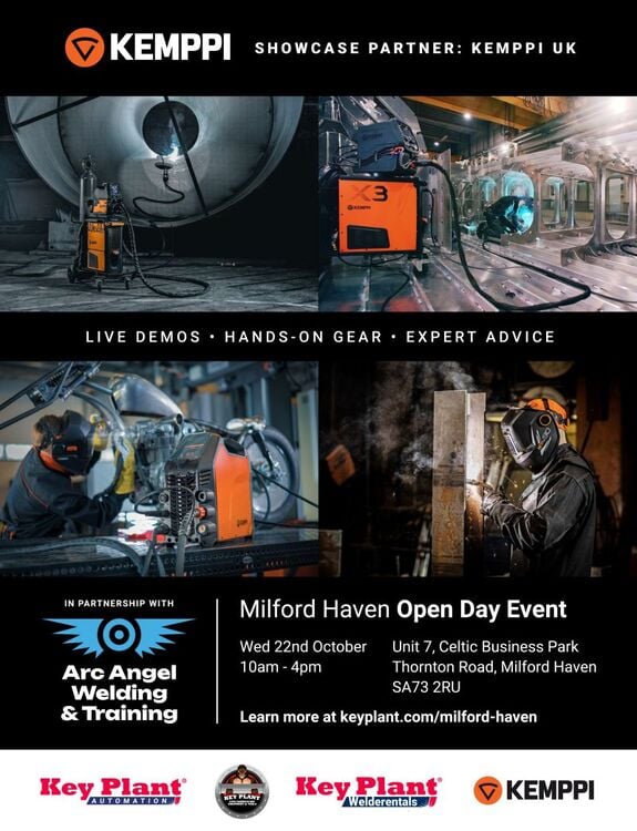 We’re excited to be supporting Key Plant Automation at their Milford Haven Open Day Event in partnership with Arc Angel Welding & Training.

Join us on Wednesday 22nd October for a day packed with:
🔸 Live welding demonstrations
🔸 Hands-on experience with Kemppi equipment
🔸 Expert advice from industry specialists

This is a fantastic opportunity to explore cutting-edge welding solutions, connect with professionals, and see Kemppi technology in action.

Learn more and register your interest here:

We look forward to seeing you there!

…more