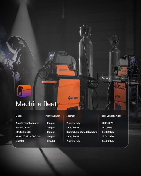 Do you ever struggle to keep track of all the equipment in your production, including warranty and the last maintenance dates? 𝐖𝐞𝐥𝐝𝐄𝐲𝐞’𝐬 𝐅𝐥𝐞𝐞𝐭 𝐌𝐚𝐧𝐚𝐠𝐞𝐦𝐞𝐧𝐭 𝐬𝐨𝐥𝐮𝐭𝐢𝐨𝐧 𝐠𝐢𝐯𝐞𝐬 𝐲𝐨𝐮 𝐚 𝐜𝐥𝐞𝐚𝐫 𝐯𝐢𝐞𝐰 𝐨𝐟 𝐲𝐨𝐮𝐫 𝐞𝐧𝐭𝐢𝐫𝐞 𝐩𝐫𝐨𝐝𝐮𝐜𝐭𝐢𝐨𝐧 𝐟𝐥𝐞𝐞𝐭. It can handle all welding equipment brands, not just Kemppi machines.
With Fleet Management, you can:
• See and manage all devices, connected or non-connected, in one place
• Keep up with validations and yearly maintenance dates
• Receive automatic email reminders for key dates
• Manage all the machine certificates in one place
Optimize your fleet management with WeldEye:
…more