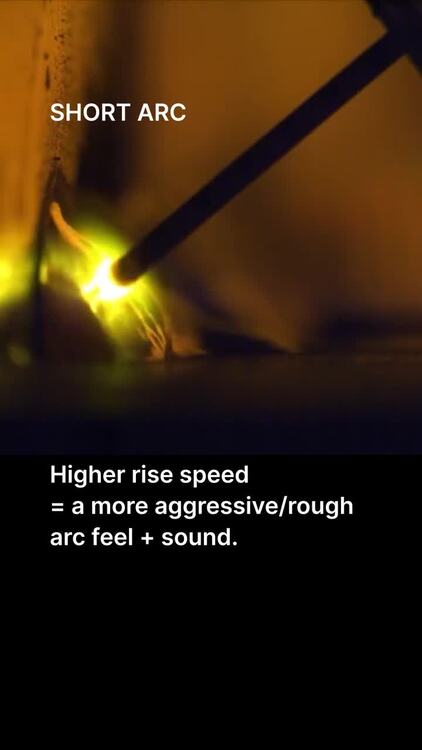 Why two different machines using the same voltage and wire feed speed feel completely different?
The answer often lies in power source control, especially current rise behaviour in short arc and pulse. The arc may look similar but the control strategy behind it makes all the difference.
In all arc welding processes, arc voltage is essentially a measure of arc length. During welding, the power source continuously reads current + voltage and adjusts them based on the selected process.
In MIG/MAG, the control strategy depends on the arc type:
Short arc (short-circuit transfer)
Every short circuit triggers a rapid current boost. Typical rise speeds: ~20–50 A/ms. Higher rise speed = a more aggressive/rough arc feel + sound.
Spray arc
Key is stable arc length → very stable voltage. Transfer is continuous, so smooth voltage control keeps the process calm.
Pulsed arc
Transfer is driven by current pulses; rise speeds are much higher: ~200–1000 A/ms depending on wire + gas. Example:
• Ar + 18% CO₂ (carbon steel): ~800–1000 A/ms
• Ar + 2% CO₂ (often with CrNi wires): ~200–500 A/ms
Lower rise speed = noticeably softer arc sound and smoother feel.