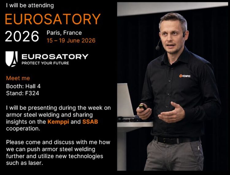 I will be attending Eurosatory 2026 in Paris, 15–19 June.

If you’re interested in armor steel welding, I’d be happy to connect and discuss. This is a critical topic for defense manufacturing, where performance and quality requirements are exceptionally demanding.

I can also share insights on the co-operation betweenand, and how different welding processes can be effectively applied to armor steels in practice.

Looking forward to meeting industry professionals, partners, and anyone interested in advancing welding technology.

Let’s connect during Eurosatory.

…more